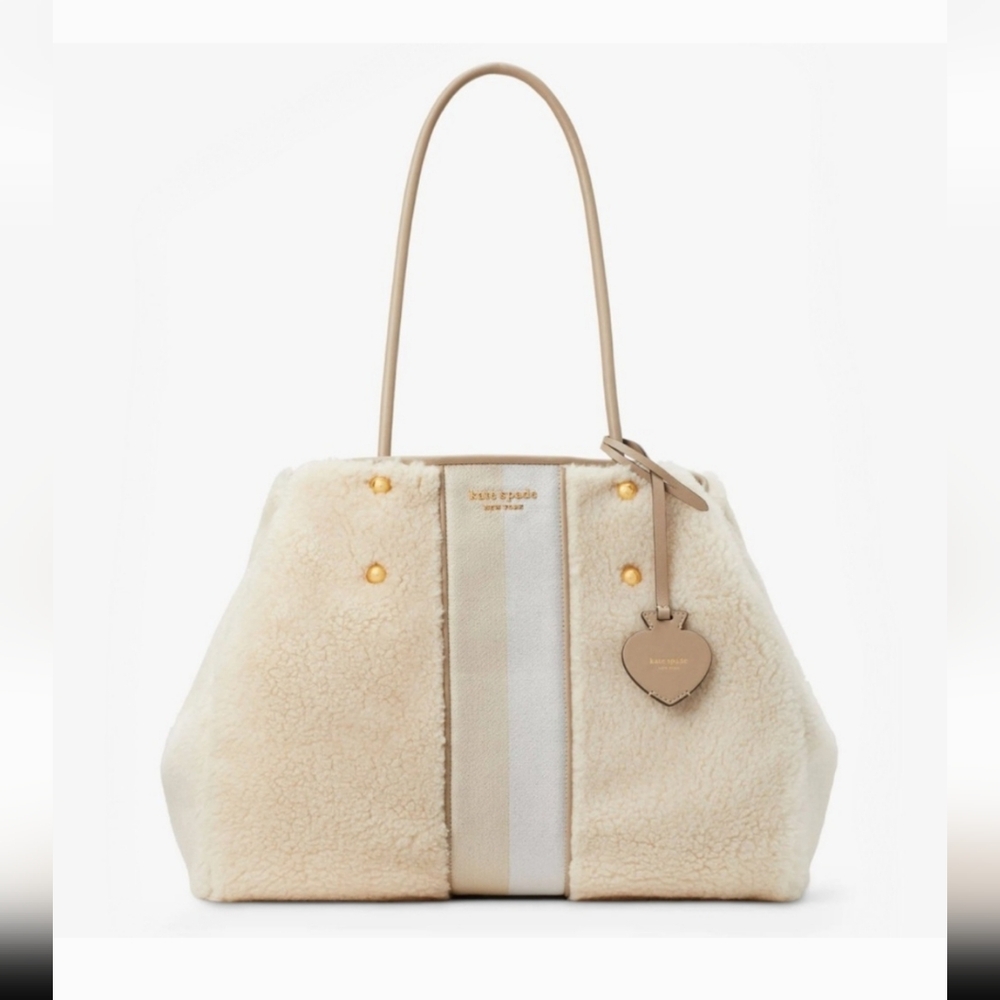 Kate Spade Everything Racing Stripe Faux Shearling Large Tote, Cream Multi - Picture 2 of 10